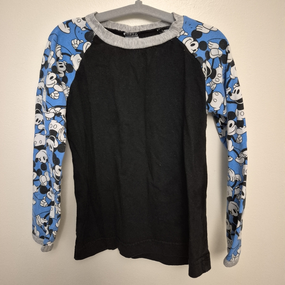 Upcycled Baseball Style Shirt with Mickey Mouse Print Sleeves
